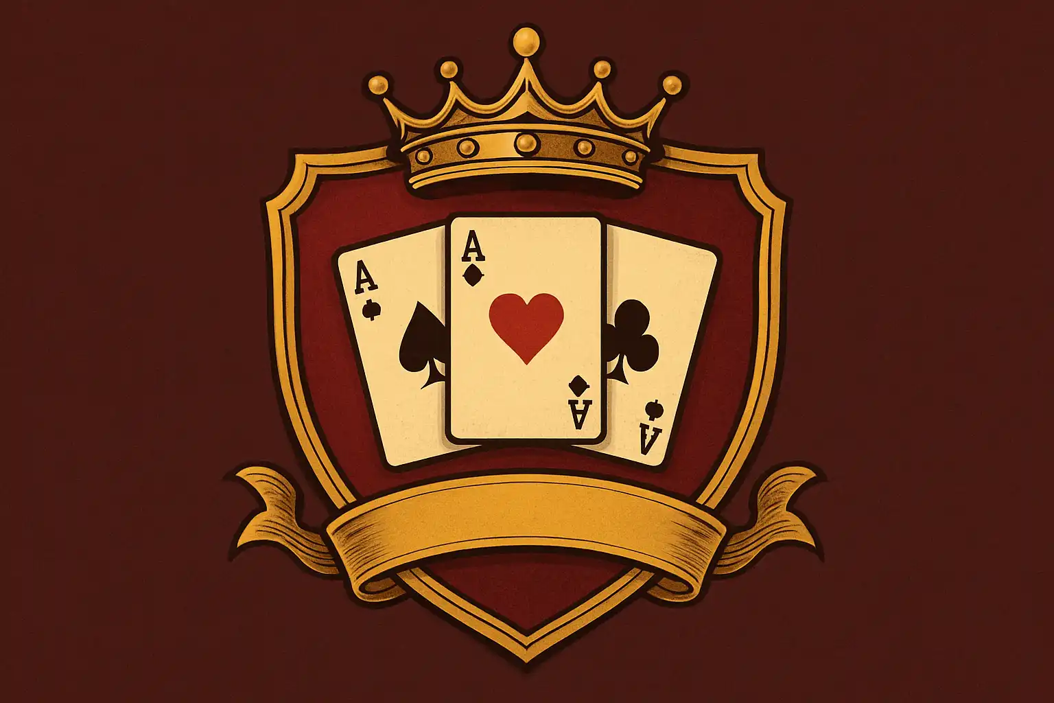 Stilisiertes Casino-Emblem mit Krone, Spielkarten und Goldrand auf einem burgunderroten Wappen