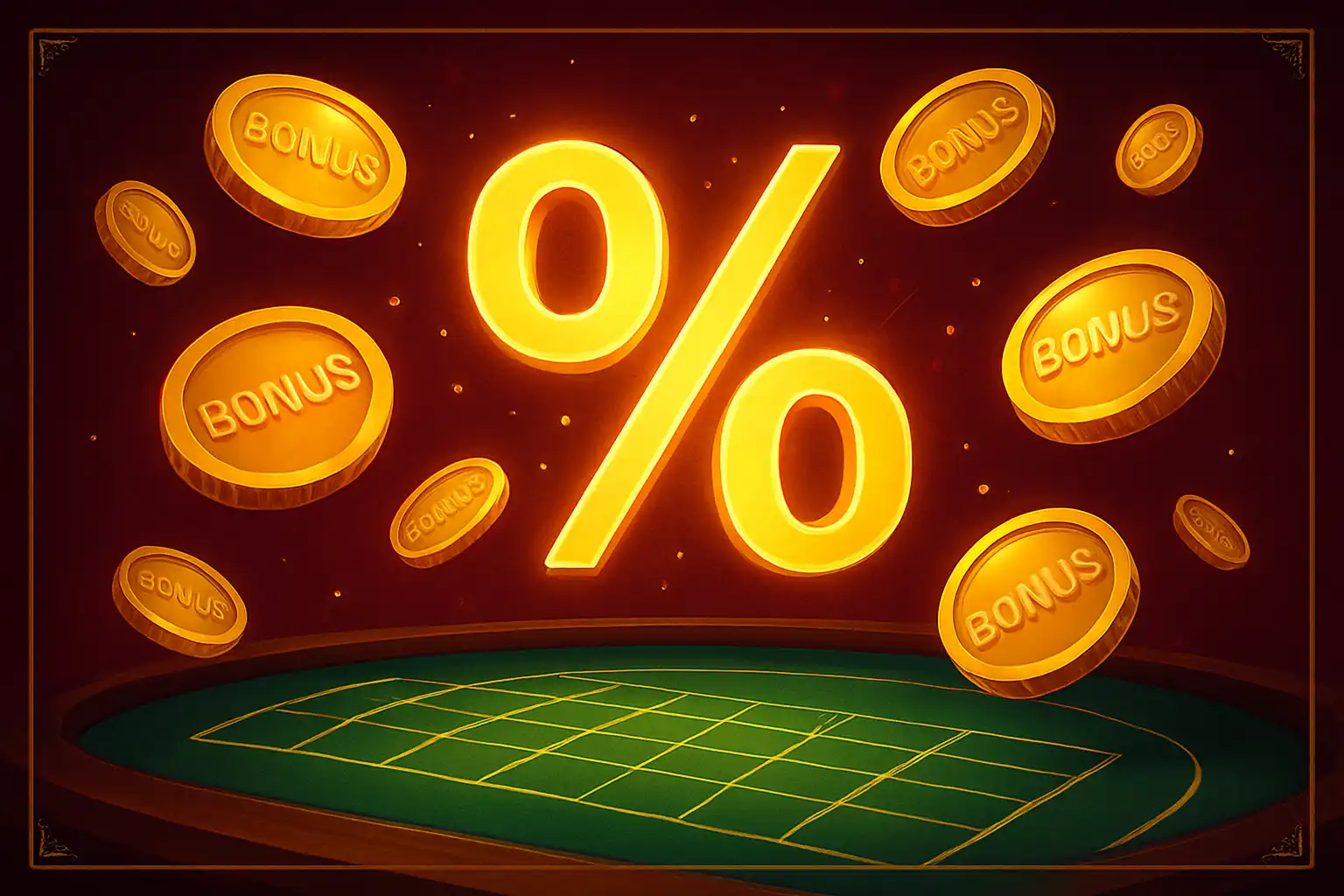 Monedas doradas de bono y un símbolo de porcentaje sobre fondo rubí intenso